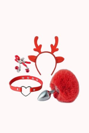 Kit Fetiche Rena – Plug Anal com Rabo, Tiara, Grampos de Mamilos e Gargantilha – Doce Malícia