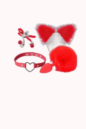 Kit Fetiche Pelúcia – Plug Anal em Silicone, Tiara, Grampos de Mamilos em Metal e Gargantilha – Doce Malícia